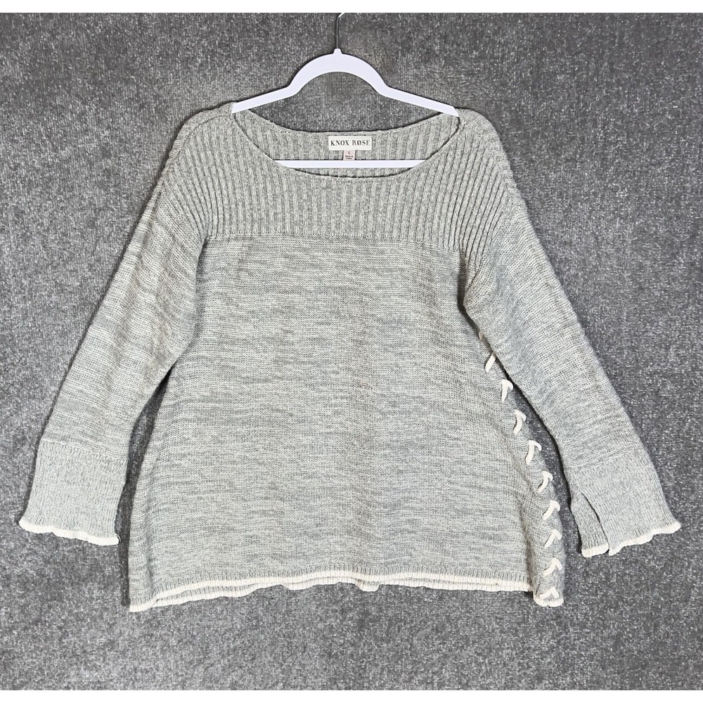 Knox Rose Sweater Womens Large Gray Lace Up Side Scallop Trim Boho Ribbed Yoke